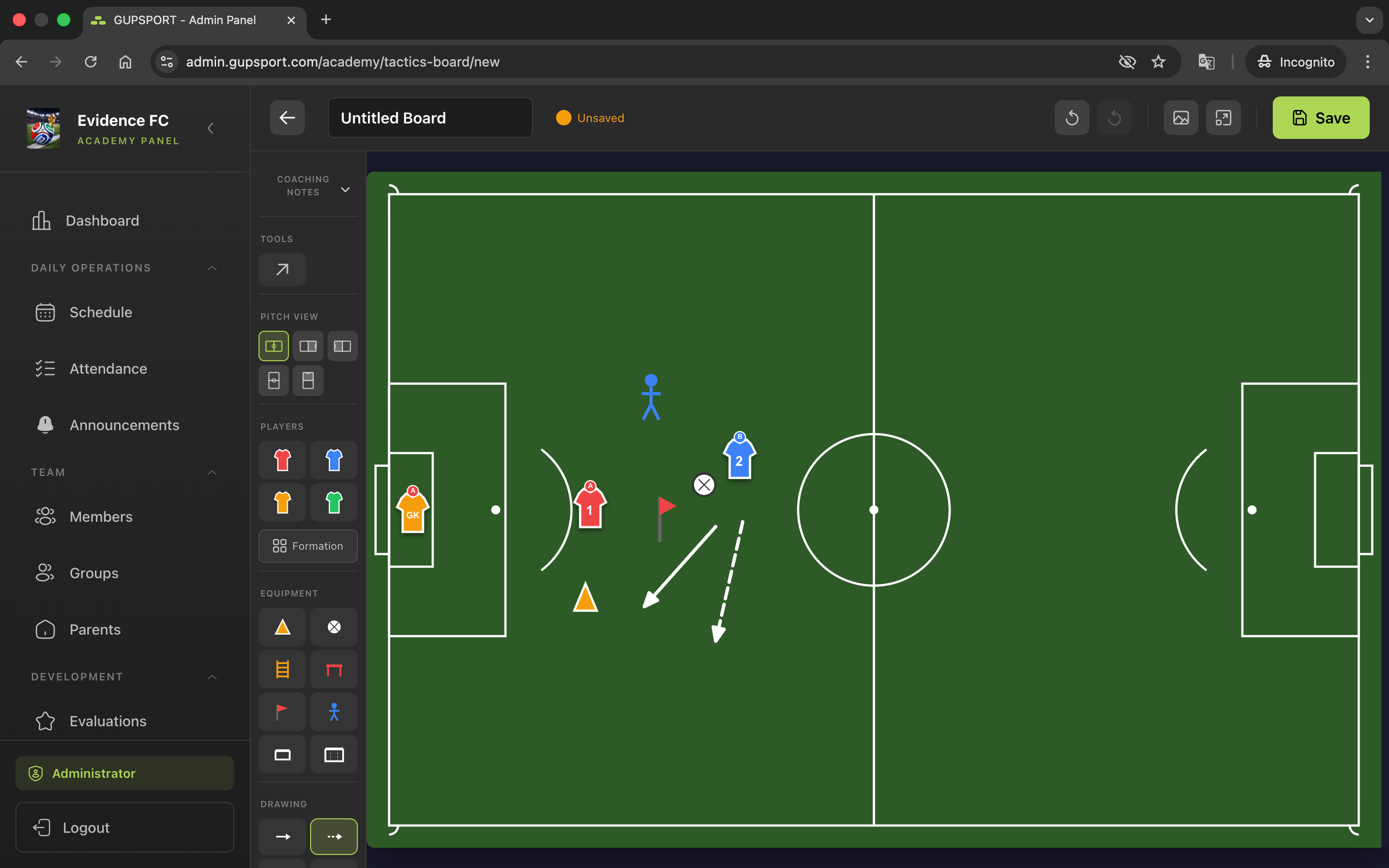 GUPSPORT academy dashboard with coaching tools and tactics board