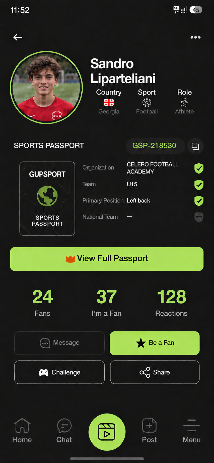 GUPSPORT Sports Passport showing an athlete’s club, team and position with confirmation indicators